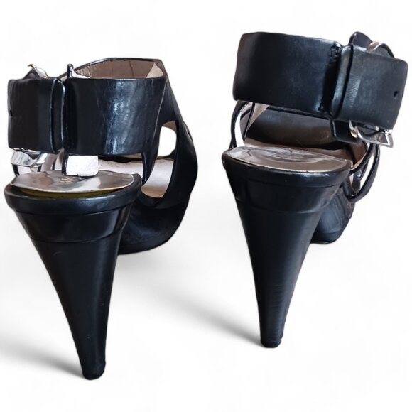 Michael Kors Carla Black Leather Platform Open Toe Cone Heels - Picture 5 of 16